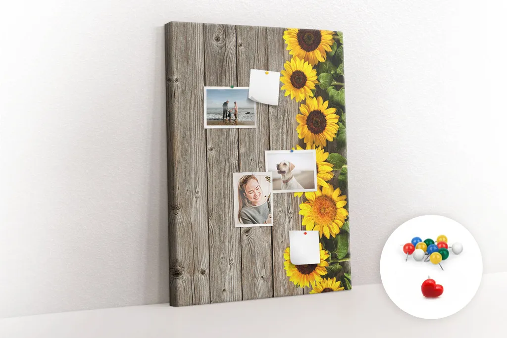 Pinwand Korkplatte Tafel ohne Rahmen - Lehrmittel Kinderspiel - 70x100 cm - 100 Stk. Farbig-Pinnadeln - Sonnenblumen Farbig